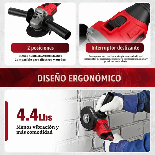 Vista 4 de FULLYEA Amoladora angular inalámbrica de 4-1/2 pulgadas, 12000 RPM sin escobillas, herramientas eléctricas con batería de 2 x 4.0 Ah, amoladora