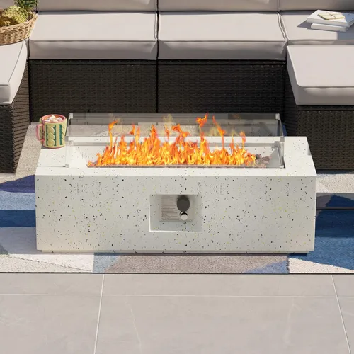 Vista 13 de SUNBURY Mesa de fuego de propano para exteriores de 42 pulgadas, mesa rectangular con tanque de 40,000 BTU, mesa de gas blanca manchada para patio