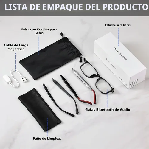 Vista 8 de Traducción de lentes inteligentes con Bluetooth AI para hombres y mujeres, auriculares transparentes con altavoz, peso ligero, control táctil