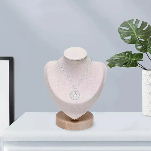 Vista 7 de Soporte de busto de joyería para exhibición de cadena de collar con base de madera, beige