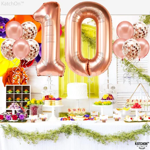 Vista 7 de KatchOn, Globo gigante de oro rosa del número 10 – 40 pulgadas Globo de oro rosa 10 con globos de confeti Decoraciones de 10 cumpleaños de oro