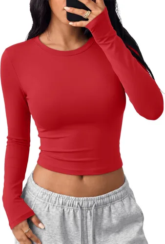 Vista 10 de Trendy Queen Camisetas cortas de manga larga para mujer, camisetas básicas Blanco