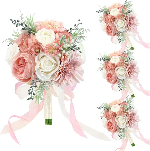 Vista 20 de Ramos de novia bohemios para boda, ramos de 9 pulgadas de flores artificiales para decoraciones de centro de mesa de ceremonia y aniversario, rosas