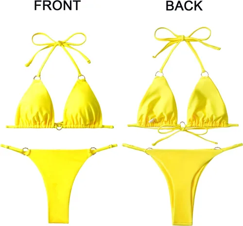 Vista 6 de Bikini sexy para mujer, 2 piezas, con tirantes delgados, color sólido, traje de baño triangular