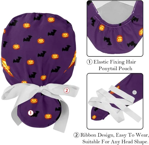 Vista 4 de 2 gorras bouffant con bolsa de cola de caballo de botón, gorro de trabajo de algodón, banda para el sudor, gorras quirúrgicas ajustables, dulces
