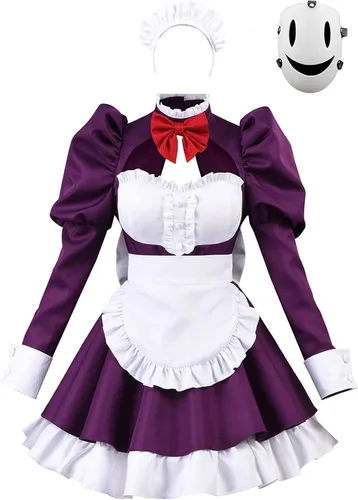 Vista 2 de Disfraz de sirvienta de tiro alto disfraz de Lolita faldas de vestido de Halloween conjunto completo con máscara para mujeres y niñas