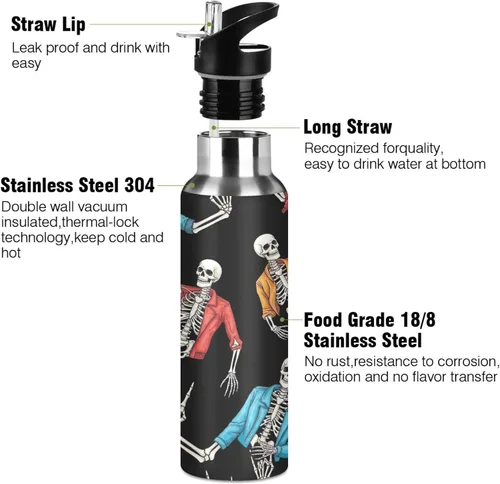 Vista 3 de BPA-Free Sport Water Bottle 32 Oz, Stainless Steel Water Bottle for Gym Outdoor Travel School, Human Skeletons Rock Roll Gesture