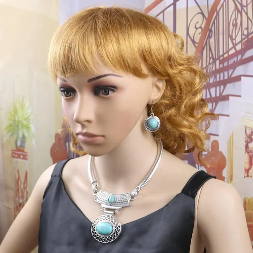 Vista 2 de HSQYJ Fashion Exaggerate - Juego de collar y aretes colgantes de cristal bohemios, estilo retro, étnico, tribal, dije ovalado, geometría, conjunto