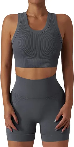 Vista 64 de Conjuntos de entrenamiento para mujer, 2 piezas, sin costuras, acanalada, sin mangas, brasier deportivo, cintura alta, pantalones cortos