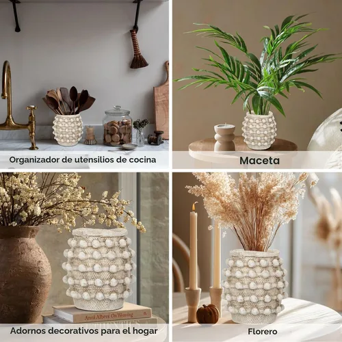 Vista 7 de Jarrón rústico de granja, florero beige bohemio para hierba de las pampas, pequeños jarrones anudados texturizados para flores, jarrones decorativos
