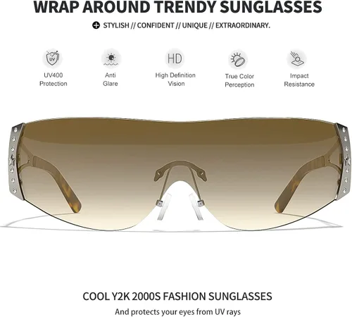 Vista 3 de Gafas de sol Y2K envolventes sin montura para mujeres y hombres, diseño de escudo futurista sin marco, protección UV