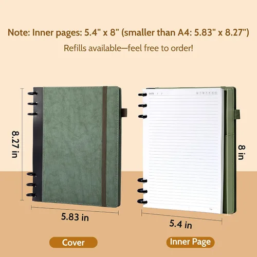 Vista 7 de Yoment - Cuaderno de diario de cuero para trabajo, recargable, 224 páginas, 100 GSM, papel grueso, cuaderno de 5 materias con separadores y pestañas