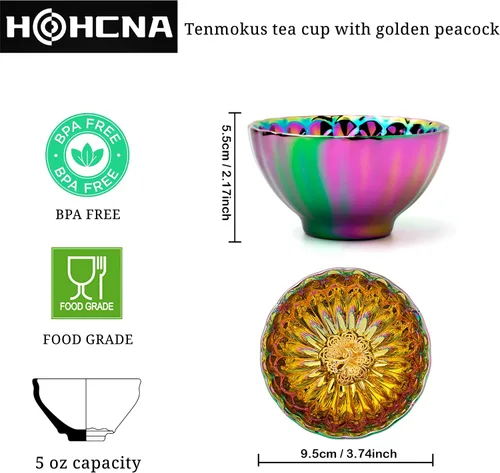 Vista 5 de Jianzhan Tenmoku - Taza de té con pavo real dorado, taza de té chino 3D de Kungfu de porcelana, 5 onzas Color Astilla Pavo Real