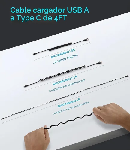 Vista 6 de Cable USB C de carga rápida, paquete de 2 cables de carga USB A a USB C en espiral de 3 pies para automóvil, cable de carga USB-C compatible