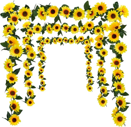 Vista 9 de Uieke Paquete de 2 guirnaldas artificiales de girasol, 6 pies/hebra, girasoles de seda colgantes enredaderas, guirnalda de flores con hojas verdes