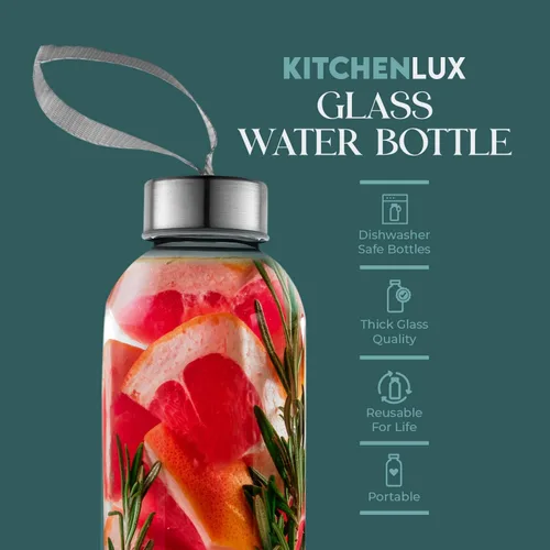 Vista 2 de Kitchen Lux Botellas de agua de vidrio de 24 onzas – Paquete de 4 – Fundas protectoras de nailon, tapas herméticas con rosca superior, bucles