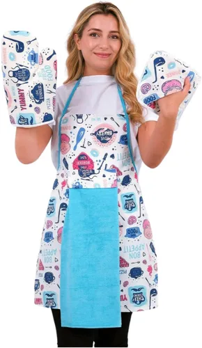 Vista 8 de Juego de 4 delantales de cocina, resistente al agua y a las manchas, tela transpirable, guantes y guantes para horno, soporte para ollas, toalla