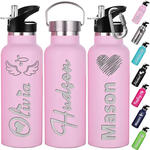 Vista 9 de Botellas de agua personalizadas con tapa de popote de 12/26 onzas con nombre grabado, logotipo, botella aislada personalizada, botellas de agua