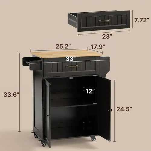 Vista 3 de Gizoon Carrito de isla de cocina de 33" W con estante ajustable, negro Color negro y mesa de roble