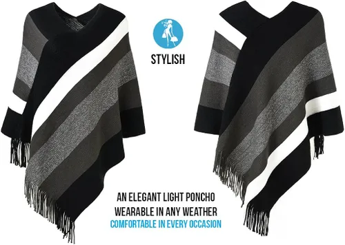 Vista 3 de Ferand - Poncho tejido elegante para mujer, con diseño de rayas y extremos con flecos