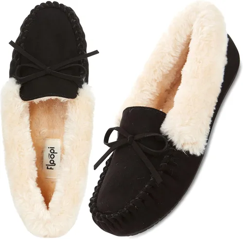 Vista 43 de Floopi Pantuflas para mujer, forro de piel sintética suave con espuma viscoelástica acogedora, pantuflas de casa para mujer con suela antideslizante