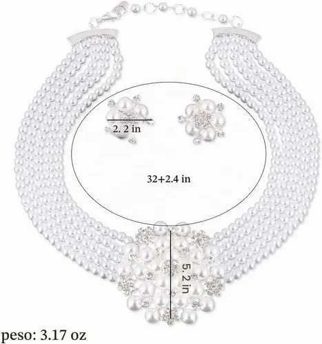 Vista 2 de Conjunto de joyería de gargantilla exagerada y elegante de múltiples capas con perlas de imitación + aretes, collar de novia, accesorios