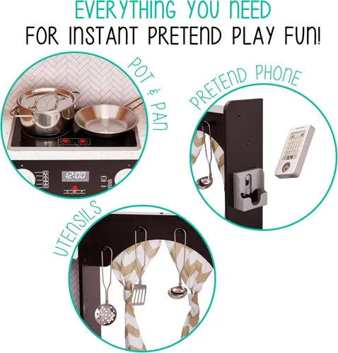 Vista 7 de Lil' Jumbl Juego de cocina de esquina para niños, cocina de lujo de madera de simulación, máquina de hielo a pilas, estufa y grifo con sonido Negro