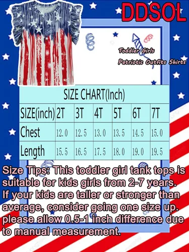 Vista 7 de Camisetas patrióticas para niñas del 4 de julio con volantes y bandera americana, manga corta, color rojo, blanco y azul, con estrellas
