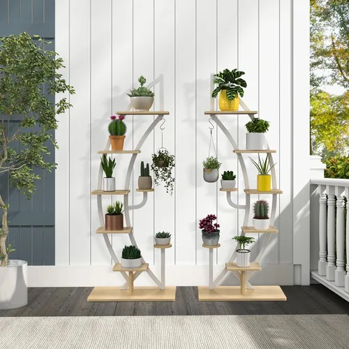 Vista 2 de Soporte de metal para plantas de 6 niveles, estante para plantas en forma de media luna para interiores con colgador y dispositivo antivuelco