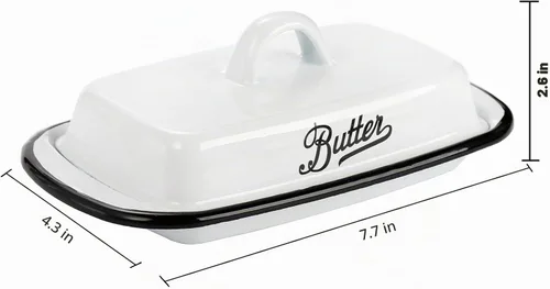 Vista 2 de Mantequillera esmaltada con tapa, bandeja de mantequilla blanca esmaltada vintage, soporte para mantequillas de borde negro, recipiente