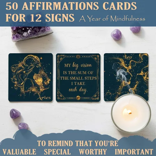 Vista 3 de Faivykyd Regalo de cristales de acuario para mujer, 6 piedras del zodiaco de acuario con 50 tarjetas de afirmación de mantras milagrosos, regalos