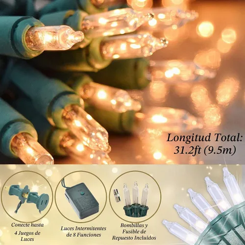Vista 5 de Holiday Essence Luces de Navidad Intermitentes, Controlador de 8 Funciones, 140 Mini Bombillas Transparentes, Cable Verde, Luces de Cadena