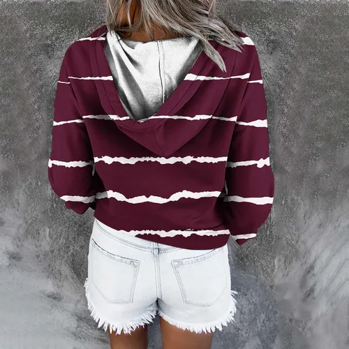 Vista 4 de Aymnlox Camisa a rayas blancas y negras para mujer, casual, con cordón, manga larga, sudaderas con botones elegantes