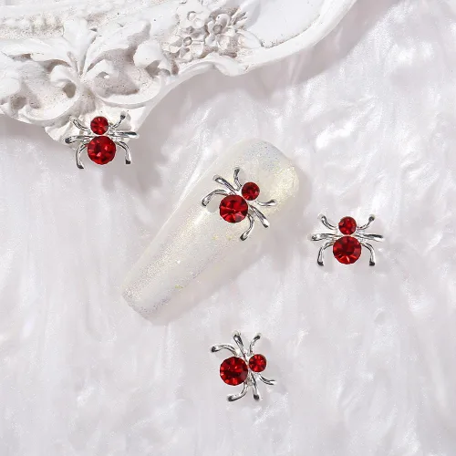 Vista 5 de Dijes de araña 3D para uñas de araña, dijes de araña plateada para uñas, incrustaciones de gemas rojas y rosas, punk, retro, diamantes de imitación