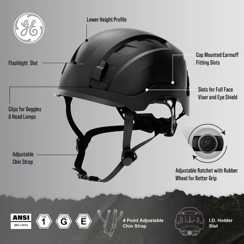 Vista 4 de GE Safety Helmet, Impact Absorbing Tech, Adjustable Ratchet, ANSI Type 1, Memory Foam Padding, Hard Hats Protection, Chin Strap, Class C (Vented) &