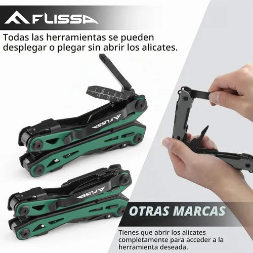 Vista 5 de FLISSA Alicates multiherramientas 16 en 1, regalos para hombres, multiherramienta EDC de acero inoxidable con cuchillo de bolsillo, clip