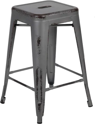 Vista 28 de Taburete de 24 pulgadas de alto para interior y exterior con asiento cuadrado., Metal, Negro