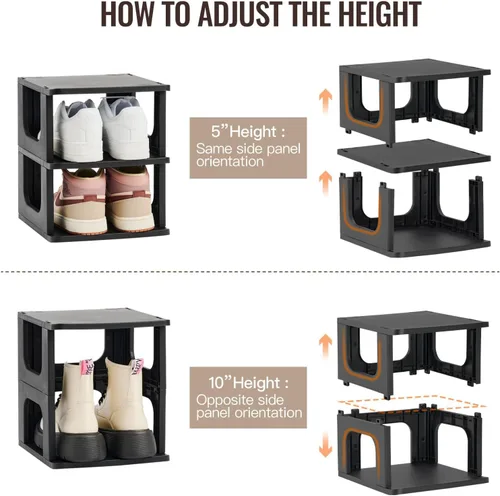 Vista 4 de TRZZ - Estante pequeño para zapatos de 4 niveles, organizador vertical estrecho apilable con partición removible, almacenamiento eficiente de Negro