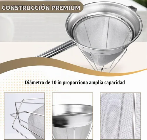 Vista 3 de 10" colador chinois, tamiz cónico de caldo de malla fina de acero inoxidable 18/8