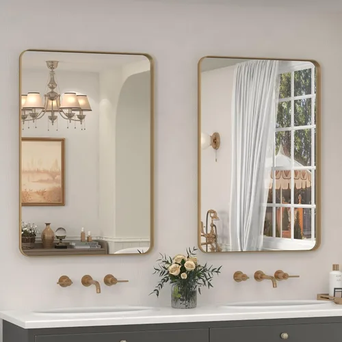 Vista 100 de Paquete de 2 espejos de baño con marco de metal negro de 22 x 30 pulgadas, espejo rectangular redondeado negro mate, antioxidante, se cuelga