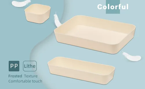Vista 5 de Juego de 12 organizadores de cajones de escritorio de plástico de color beige para maquillaje, baño, oficina, cocina, cajón, caja de almacenamiento