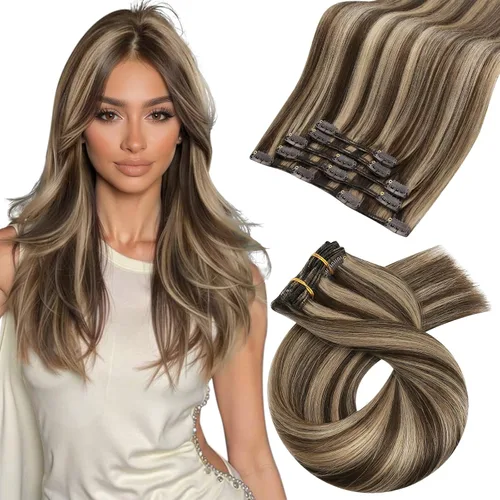 Vista 83 de Moresoo Extensiones de cabello humano con clip, balayage, color marrón oscuro a marrón dorado con clip, extensiones de cabello humano con clip, 5