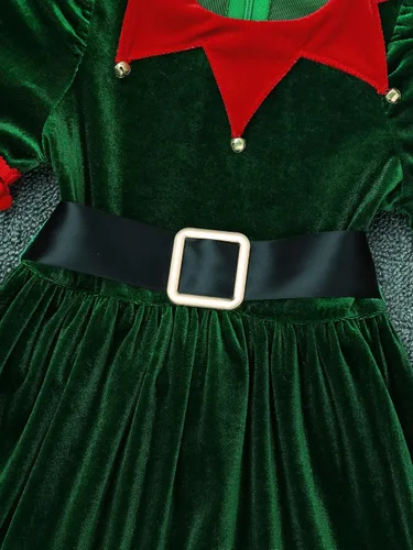Vista 3 de Kids Girls Christmas Costume Princess Dress with Belt Hat Short Sleeve Santa Gowns Festive Suit