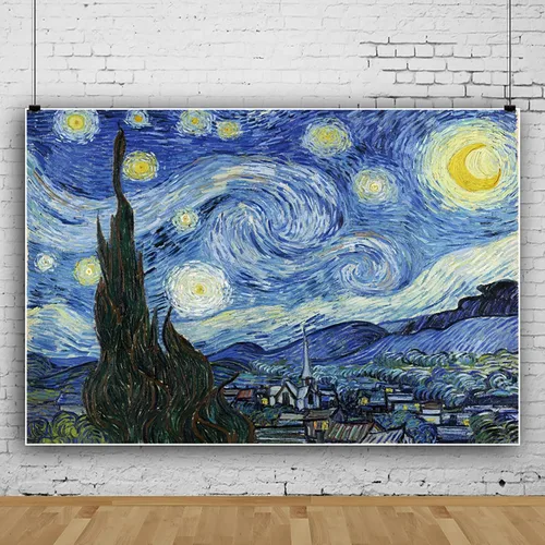 Vista 4 de Van Gogh Noche estrellada de 5 x 3 pies, fondo de fotografía estética de noche estrellada, pintura al óleo, arte abstracto, decoración rústica