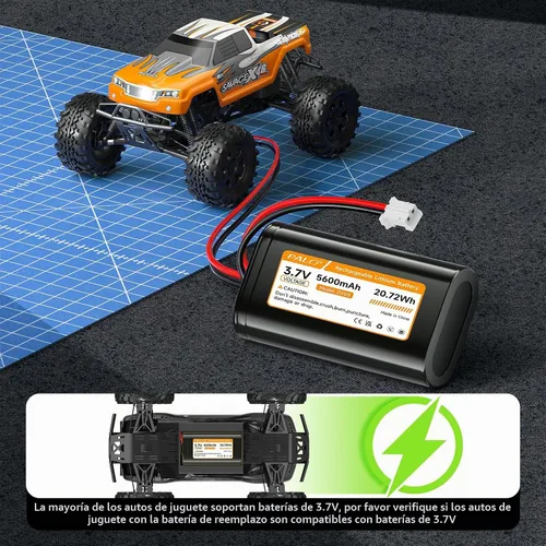 Vista 6 de Batería de 5600 mAh 3.7 V con enchufe JST-PH 2.0 de 2 pines, batería recargable de 3.7 voltios para juguetes RC, iluminación (1S2P)