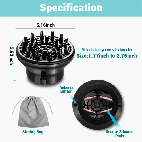 Vista 6 de KAHEM Difusor de pelo universal, ajustable de 1.77 a 2.76 pulgadas, accesorio difusor de secador de pelo para cabello rizado sin encrespamiento