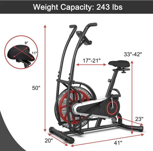 Vista 7 de Goplus Bicicleta de aire, bicicleta estática con ventilador de resistencia ilimitada, pantalla LCD transparente, soporte para tableta, asiento