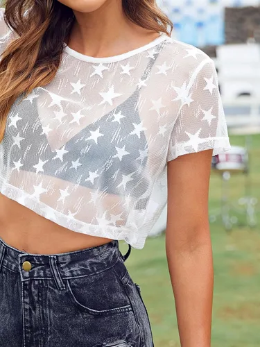 Vista 3 de MakeMeChic Top corto de malla transparente para mujer
