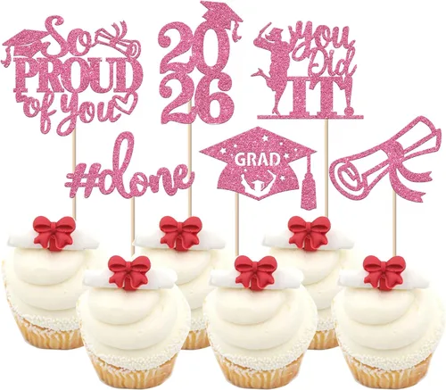 Vista 54 de Paquete de 24 adornos para cupcakes de clase de 2026 con purpurina 2026 para diploma de graduación 2026, selecciones para cupcakes para graduación