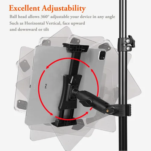 Vista 3 de Soporte para iPad para soporte de micrófono, soporte de teléfono para tableta, soporte de música para micrófono, soporte giratorio ajustable
